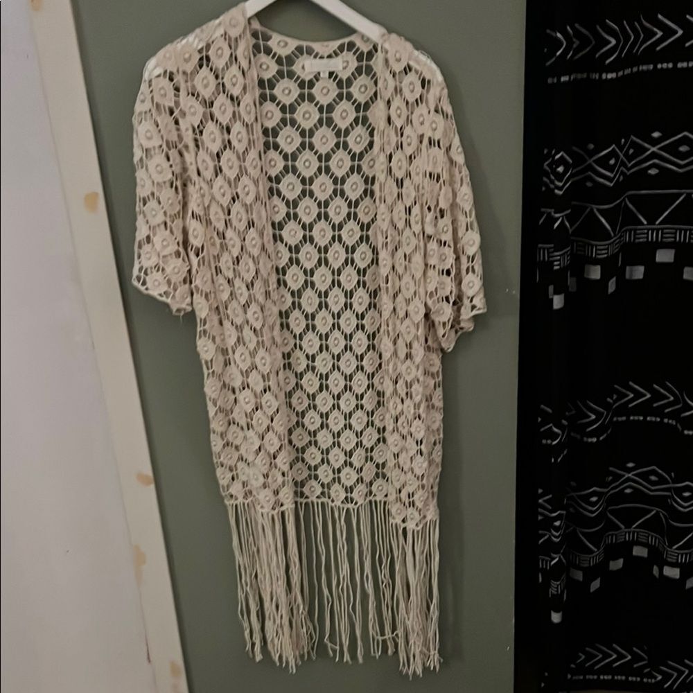 Rebellion Again Crochet Fringe Cream Duster Cardigan Boho Size Small